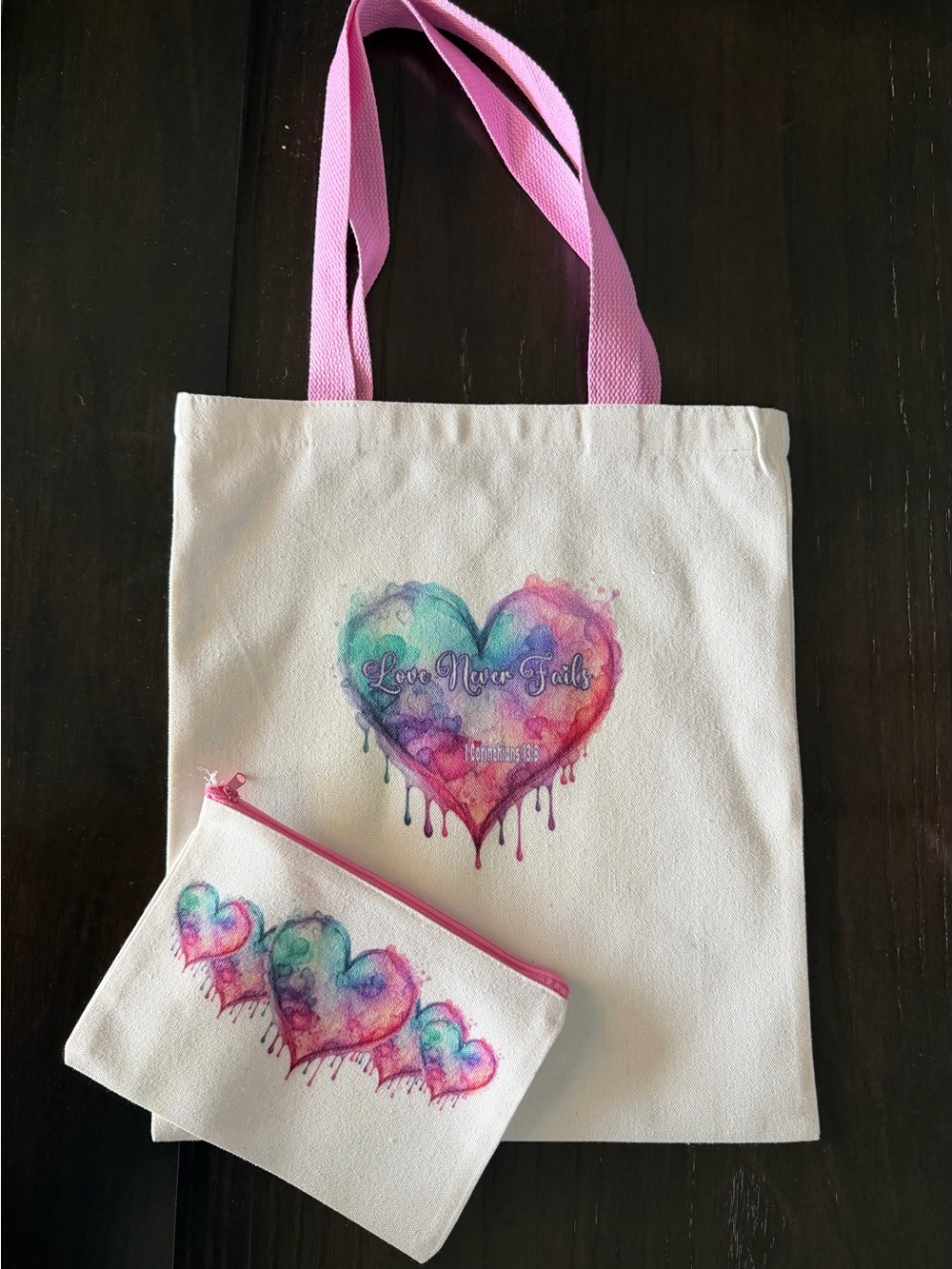 White Canvas Tote & Pouch Set with Watercolor Heart Design - Pink Handles